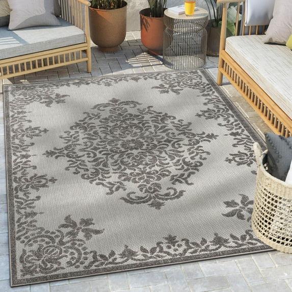 Well Woven Arid 7'10" x 9'10" Indoor/Outdoor High-Low Medallion Grey Area Rug