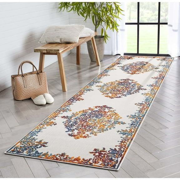 Well Woven Arid Ivory Oriental Medallion Indoor/Outdoor High-Low Pile Runner 2'7" x 9'10"