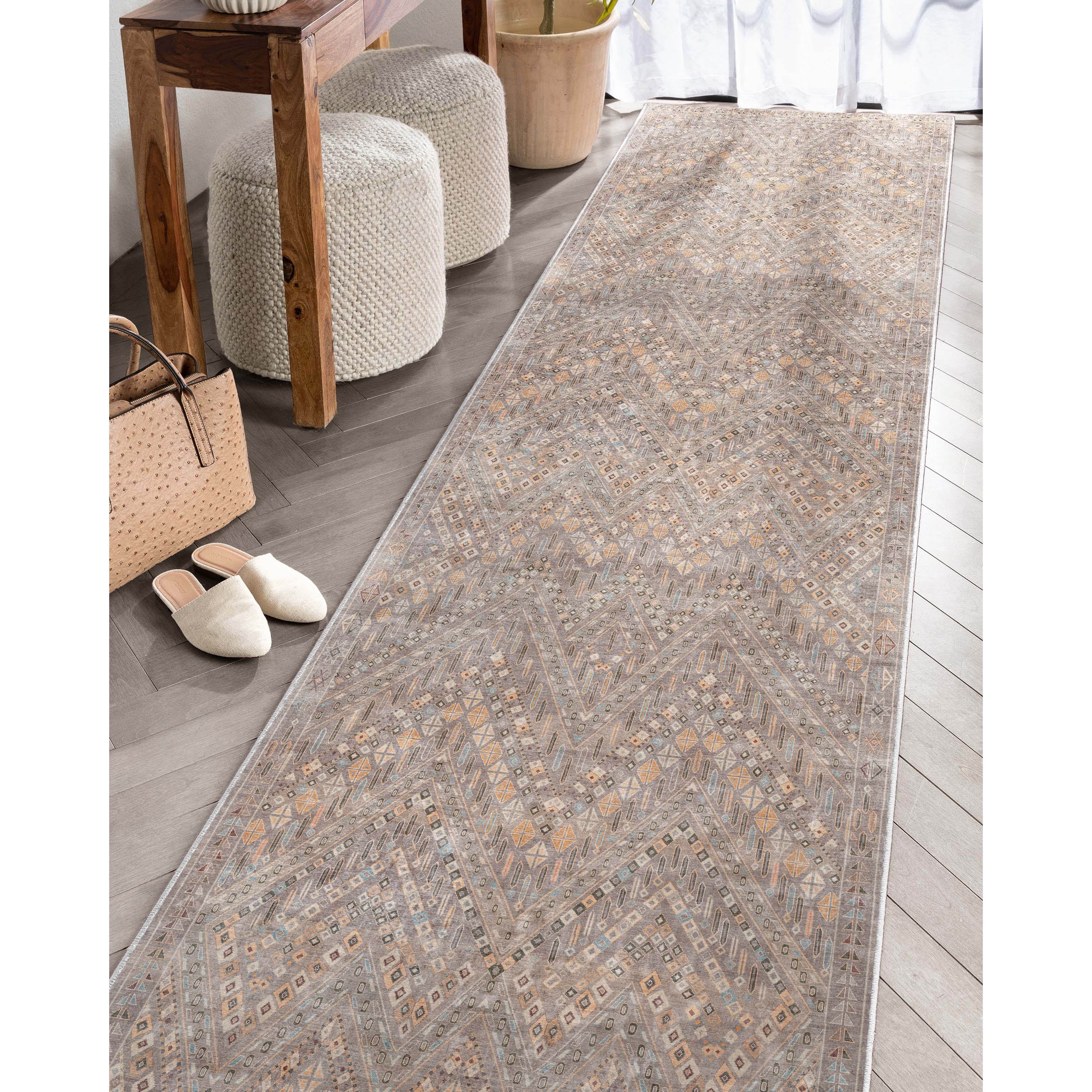 Gray Geometric Machine Woven Runner Rug 2'3" x 24'9"