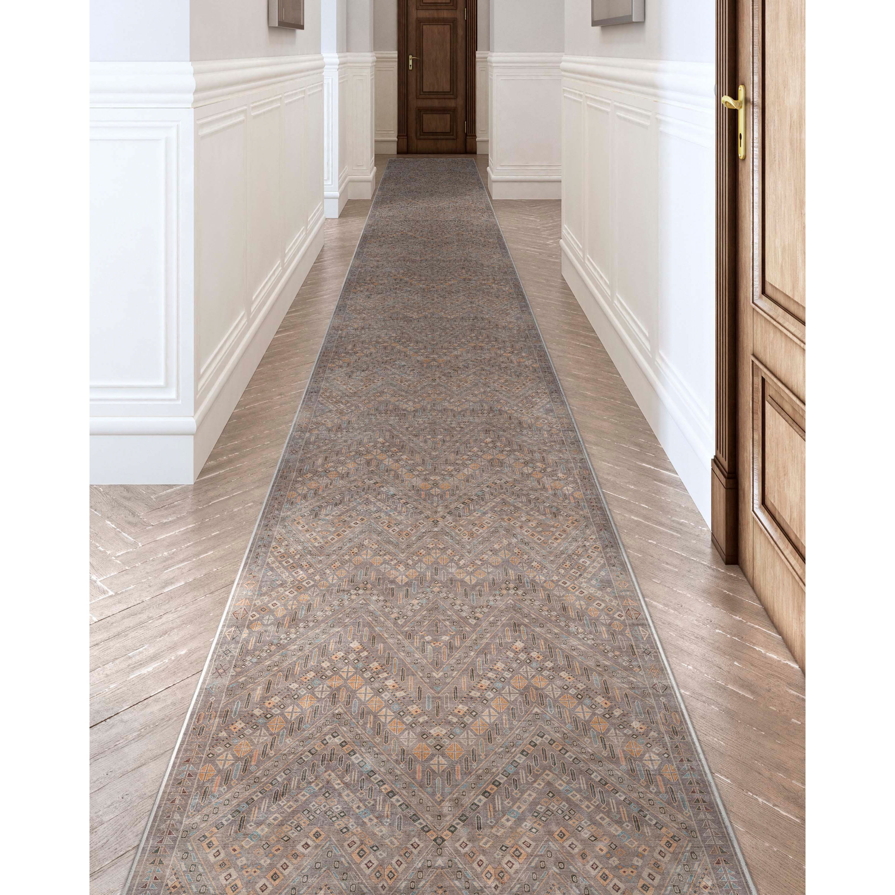 Gray Geometric Machine Woven Runner Rug with Tribal Pattern