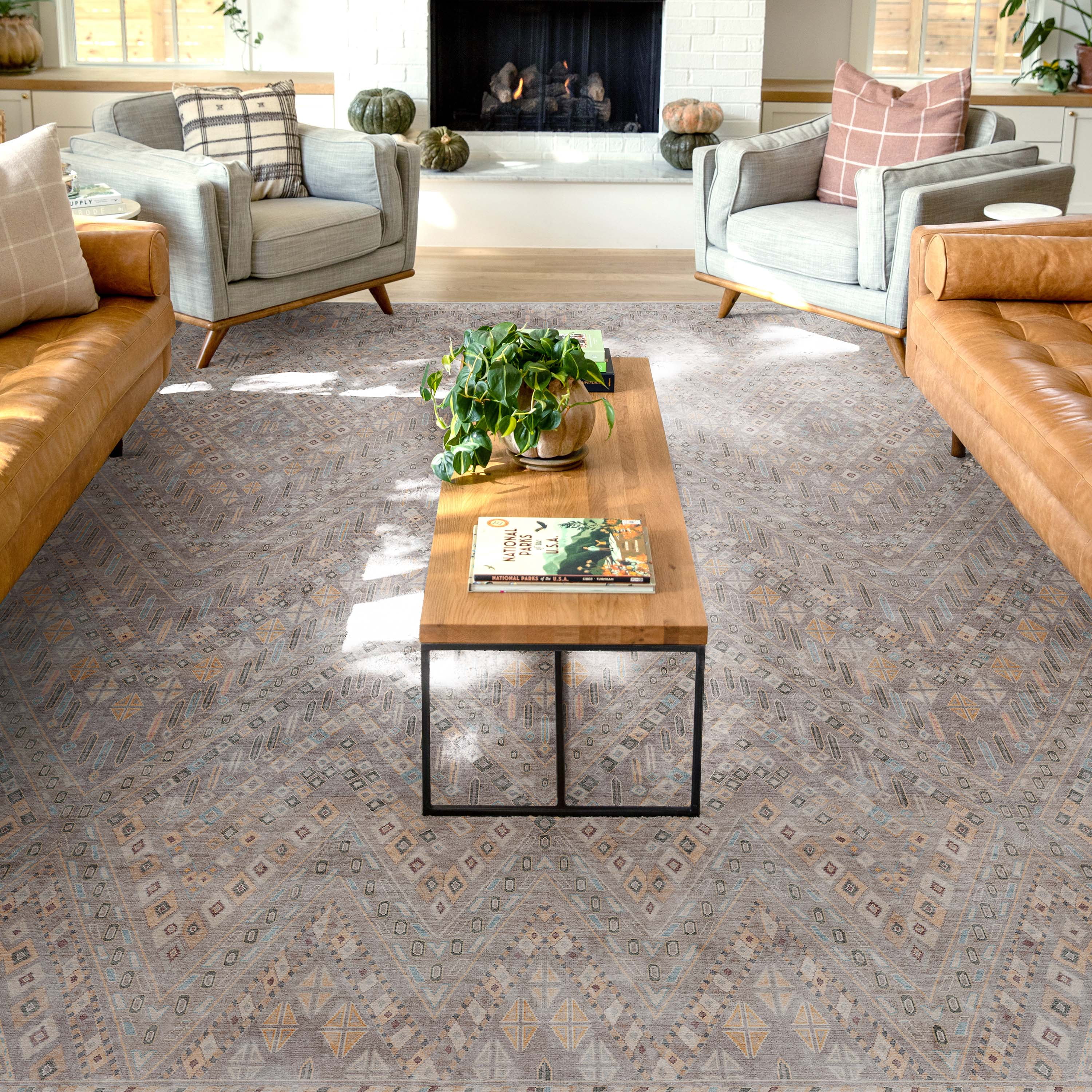 Gray Chenille Tribal Pattern Washable Area Rug