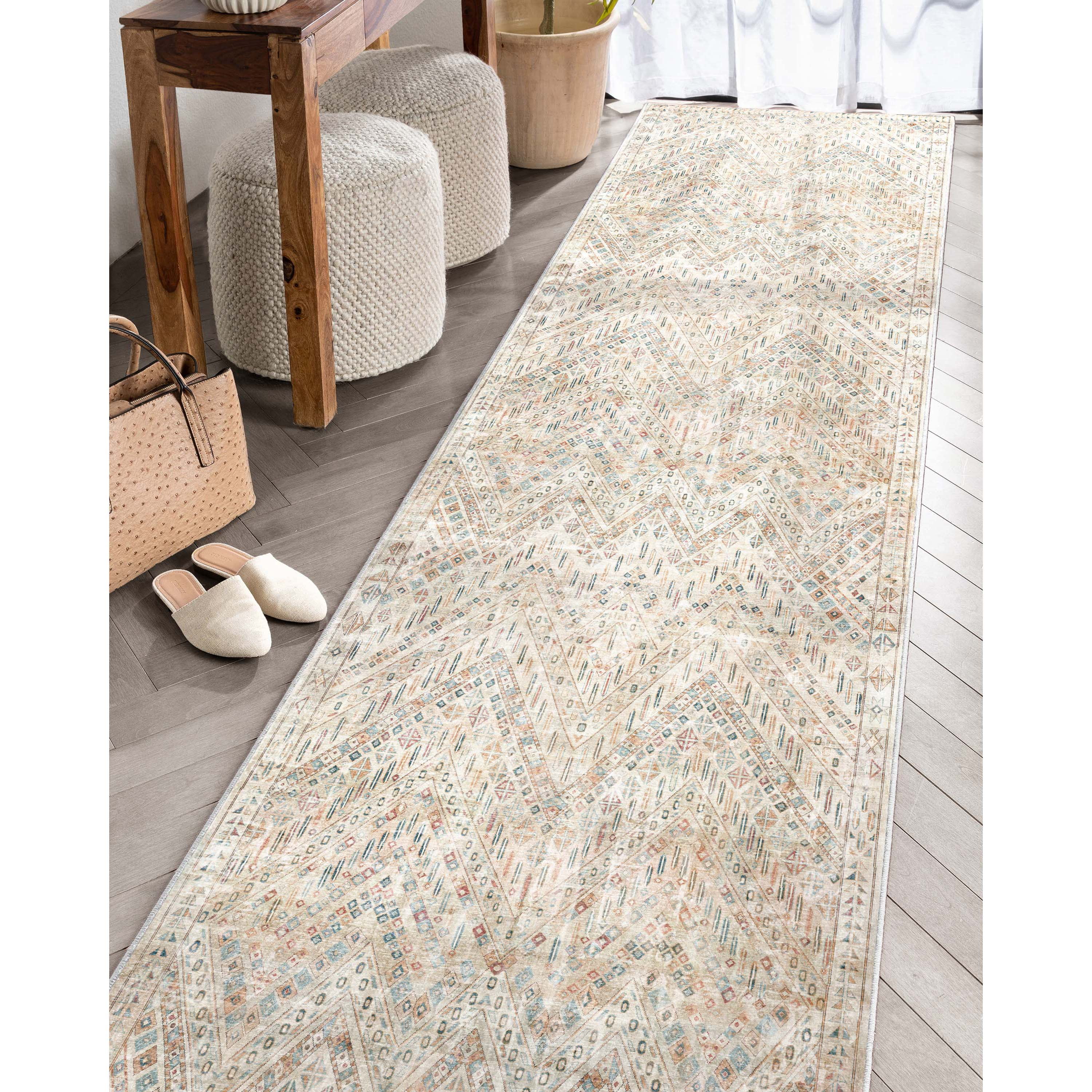 Ivory and Beige Chenille Tribal Runner Rug 2'7" x 9'6"