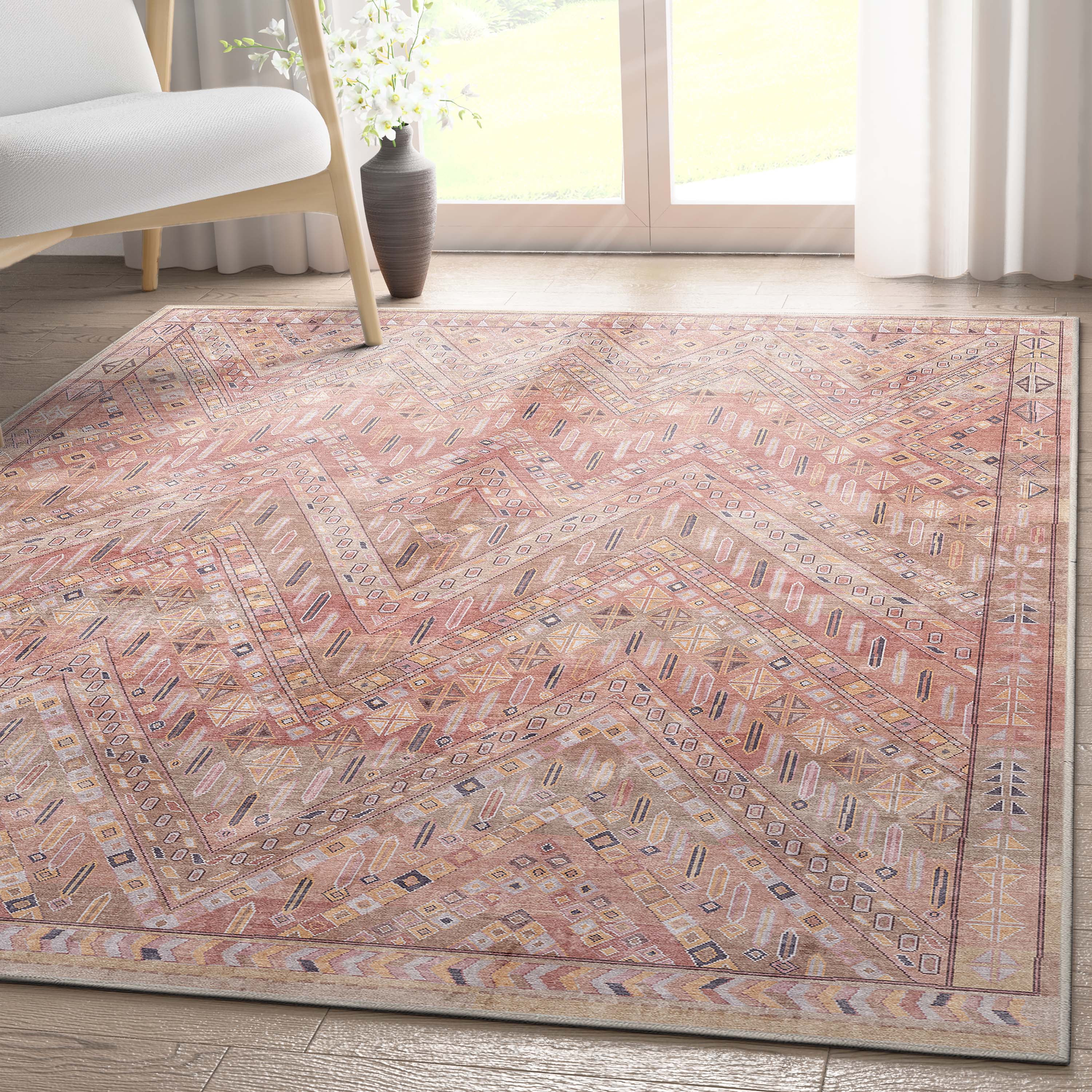 Vintage Tribal Red Polyester Flatweave Washable Area Rug