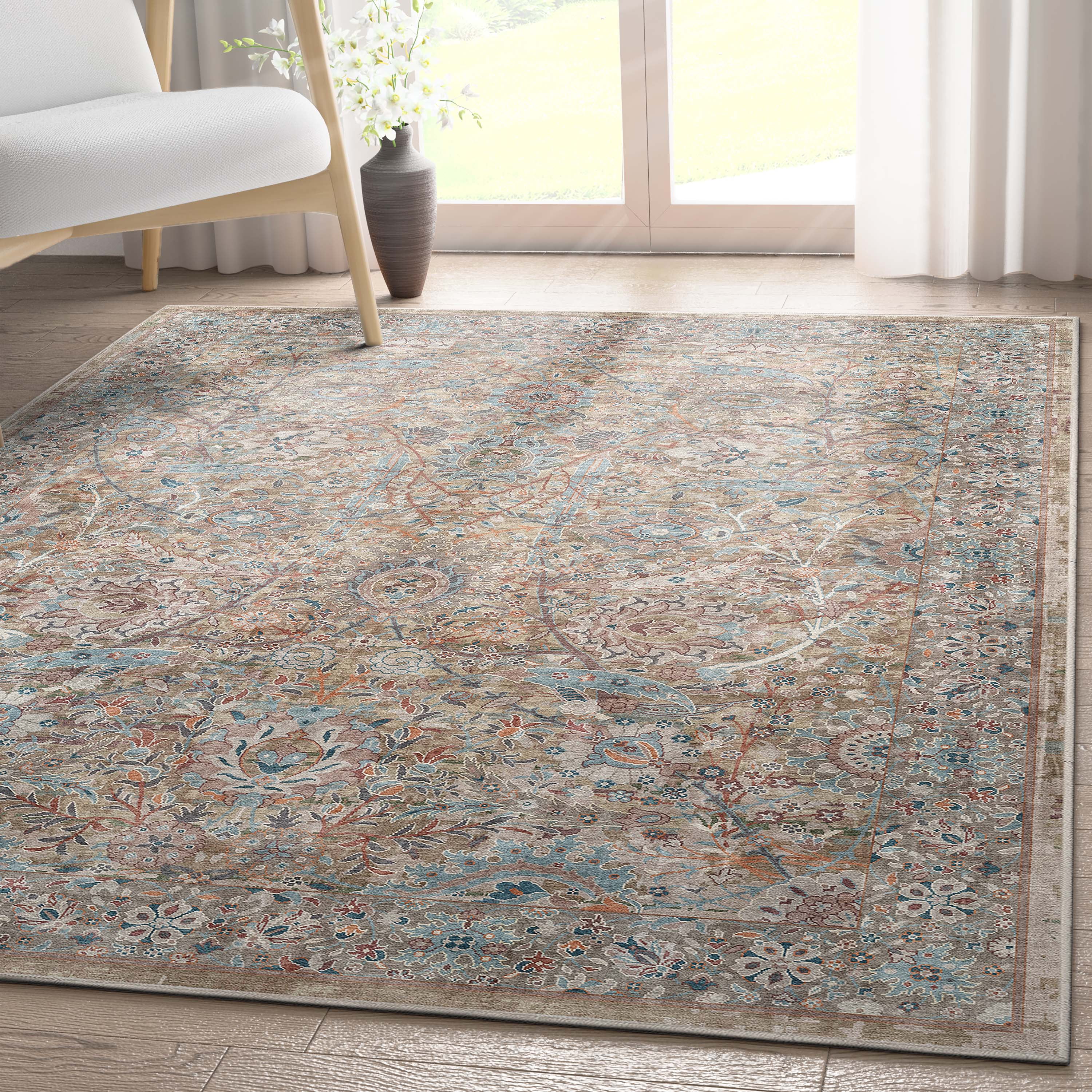 Well Woven Asha Emilia Vintage Persian Floral Blue 3'11" x 5'3" Machine Washable Area Rug