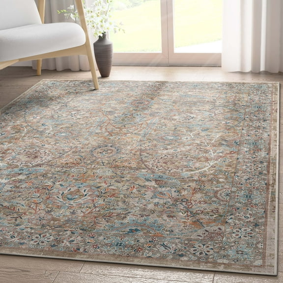 Well Woven Asha Emilia Vintage Persian Floral Blue 3'11" x 5'3" Machine Washable Area Rug