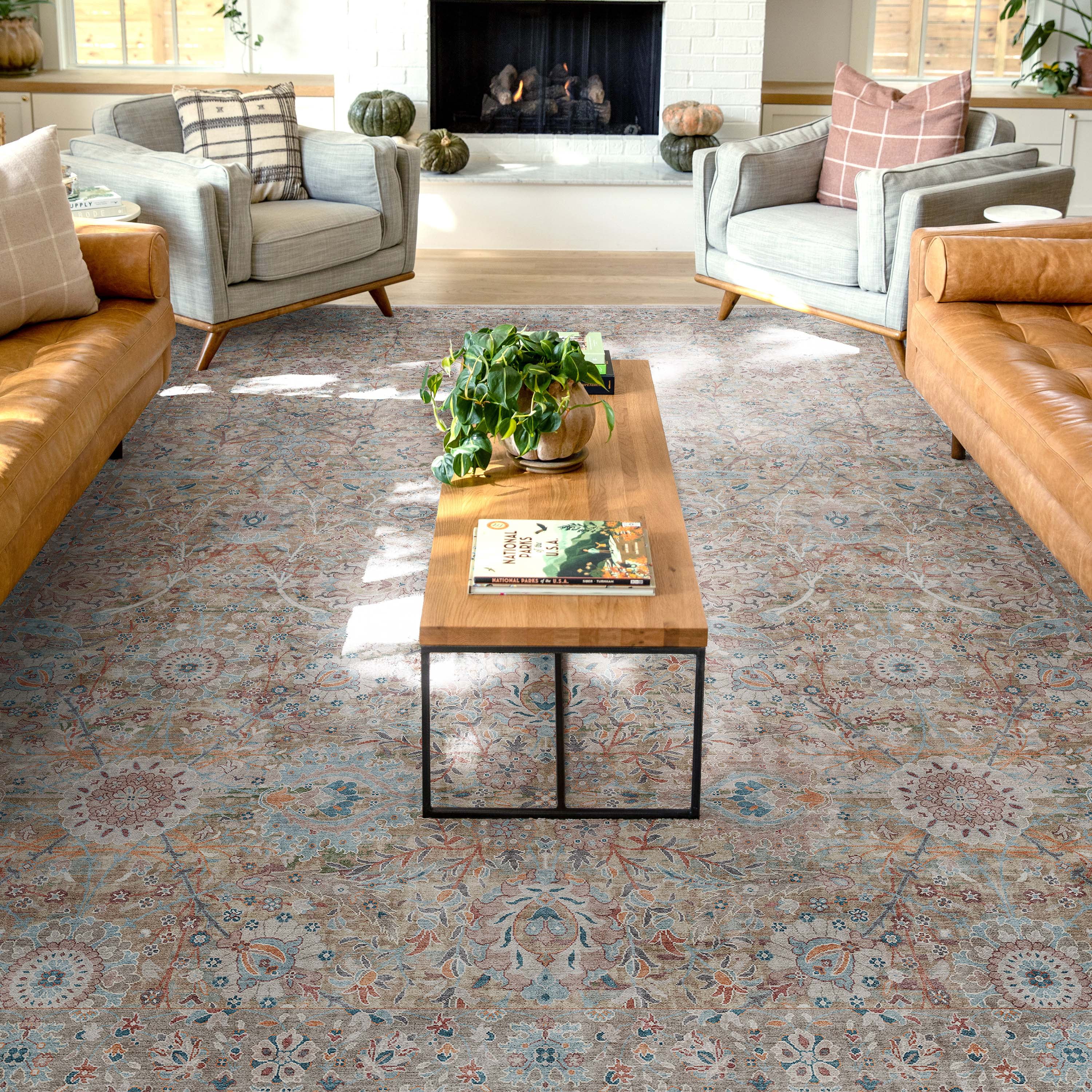 Emilia Persian Floral Blue Synthetic Washable Area Rug 9'10" x 13'