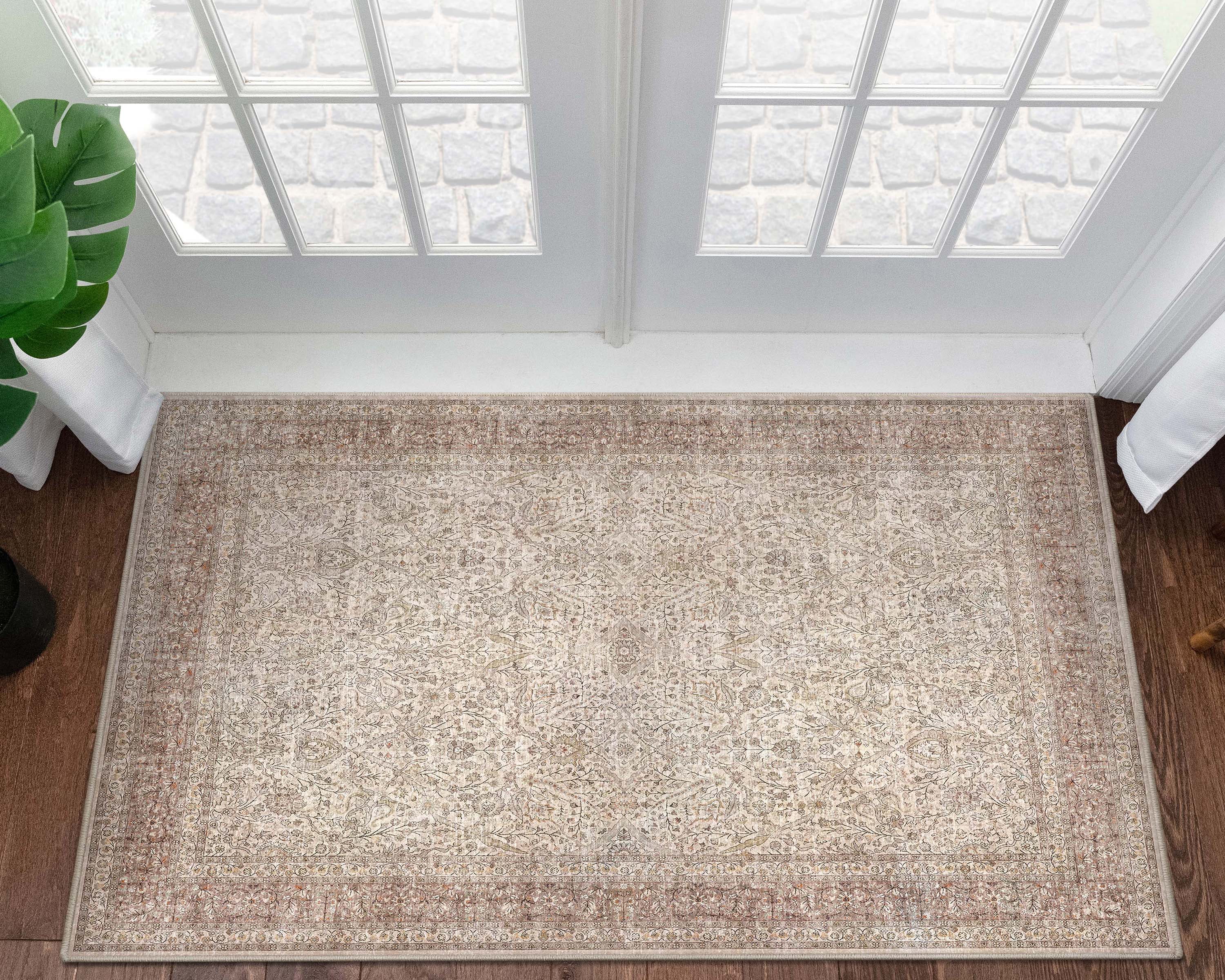 Beige Chenille Vintage Oriental Flat-Weave Runner Rug