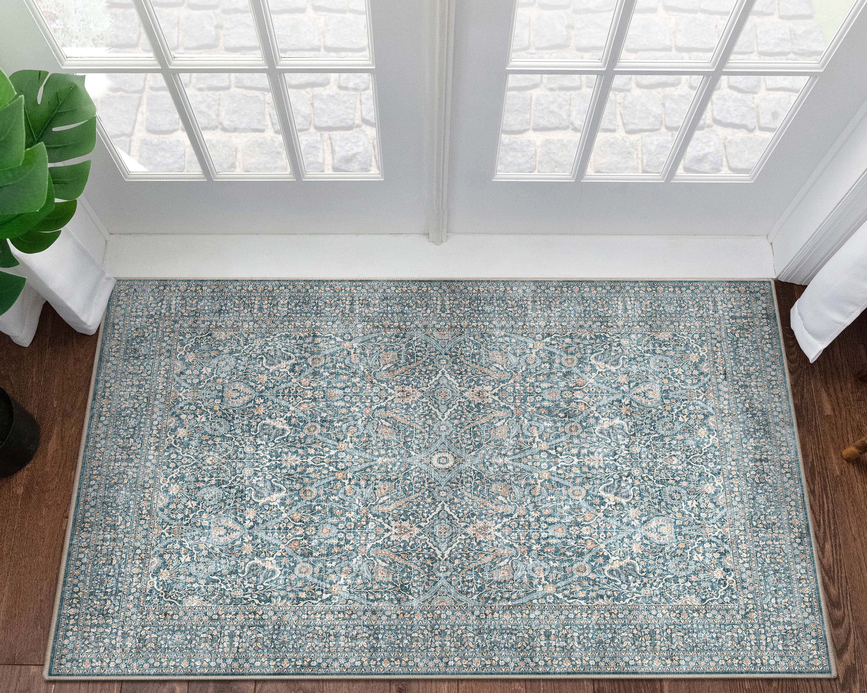 Blue and Beige Synthetic Flat-Weave Oriental Area Rug, 3'11" x 5'3"