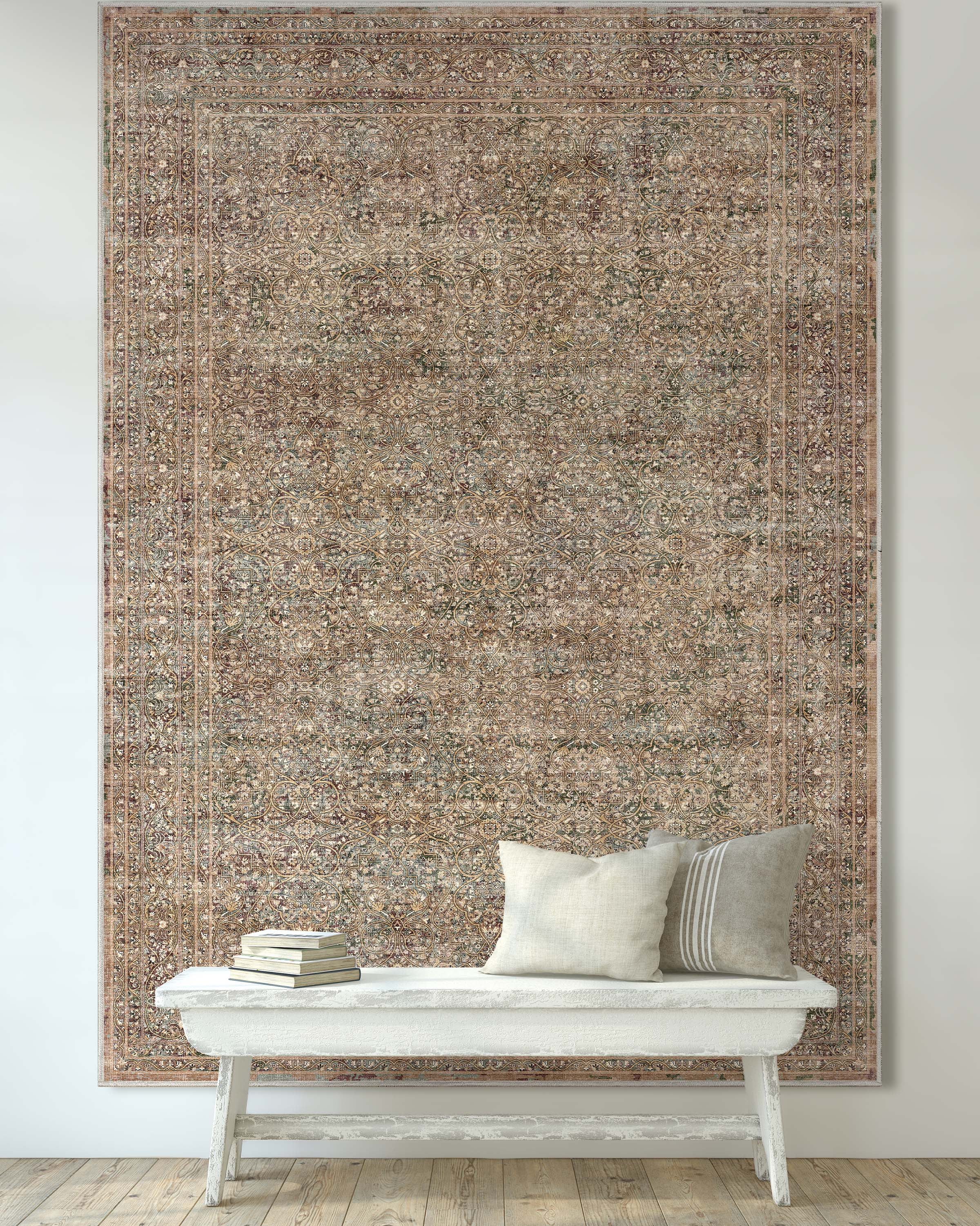 Beige and Red Chenille Oriental Flat-Woven Runner Rug