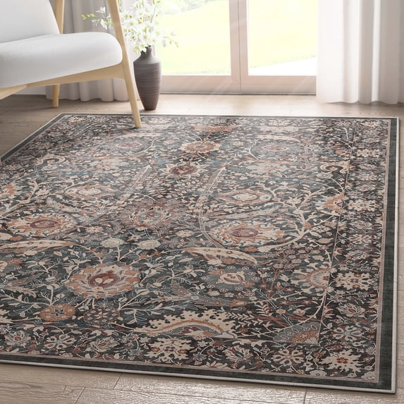 Well Woven Asha Liana Vintage Oriental Charcoal Grey 6' x 9' Machine Washable Area Rug