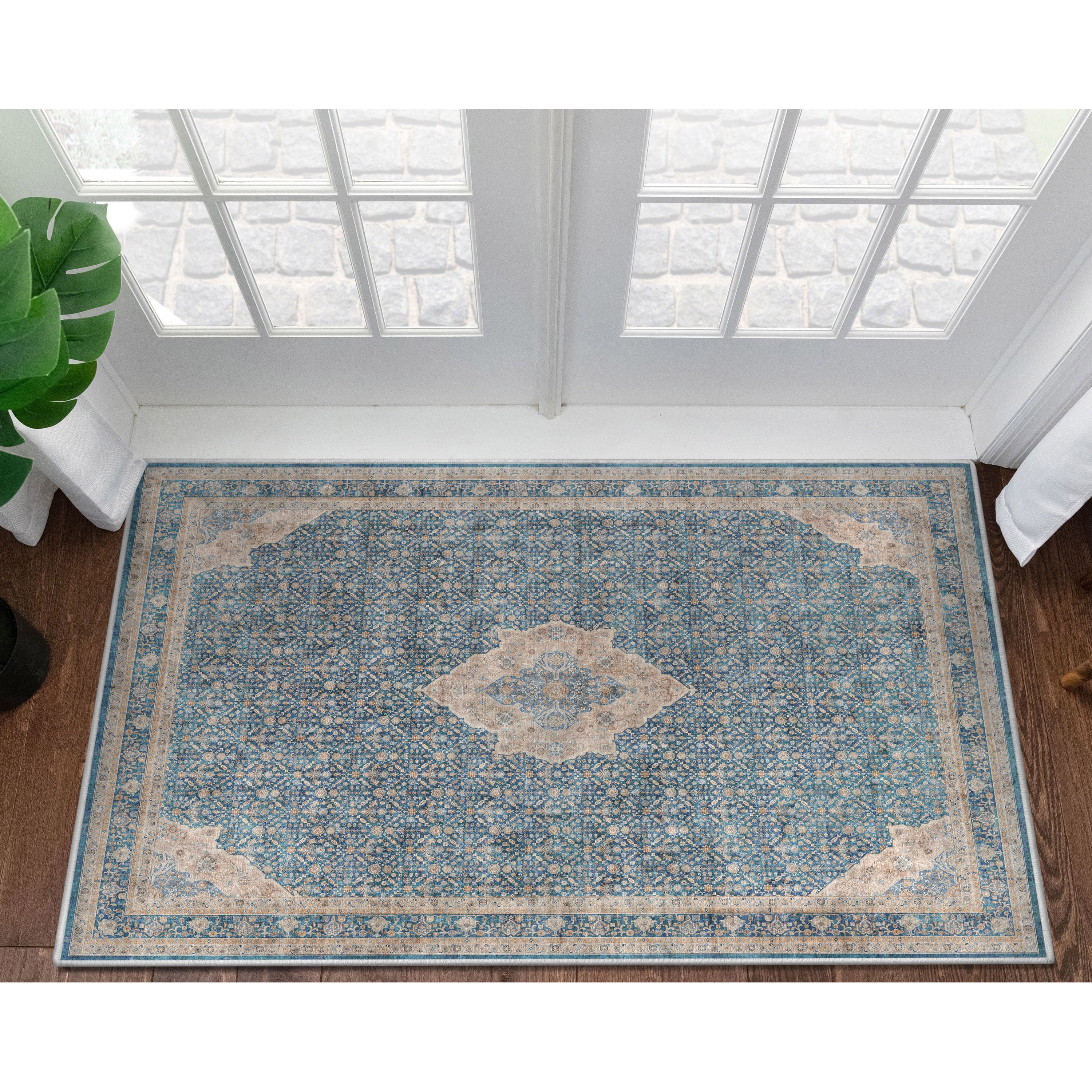 Asha Lilith Blue Chenille Oriental Washable Area Rug 3' x 5'