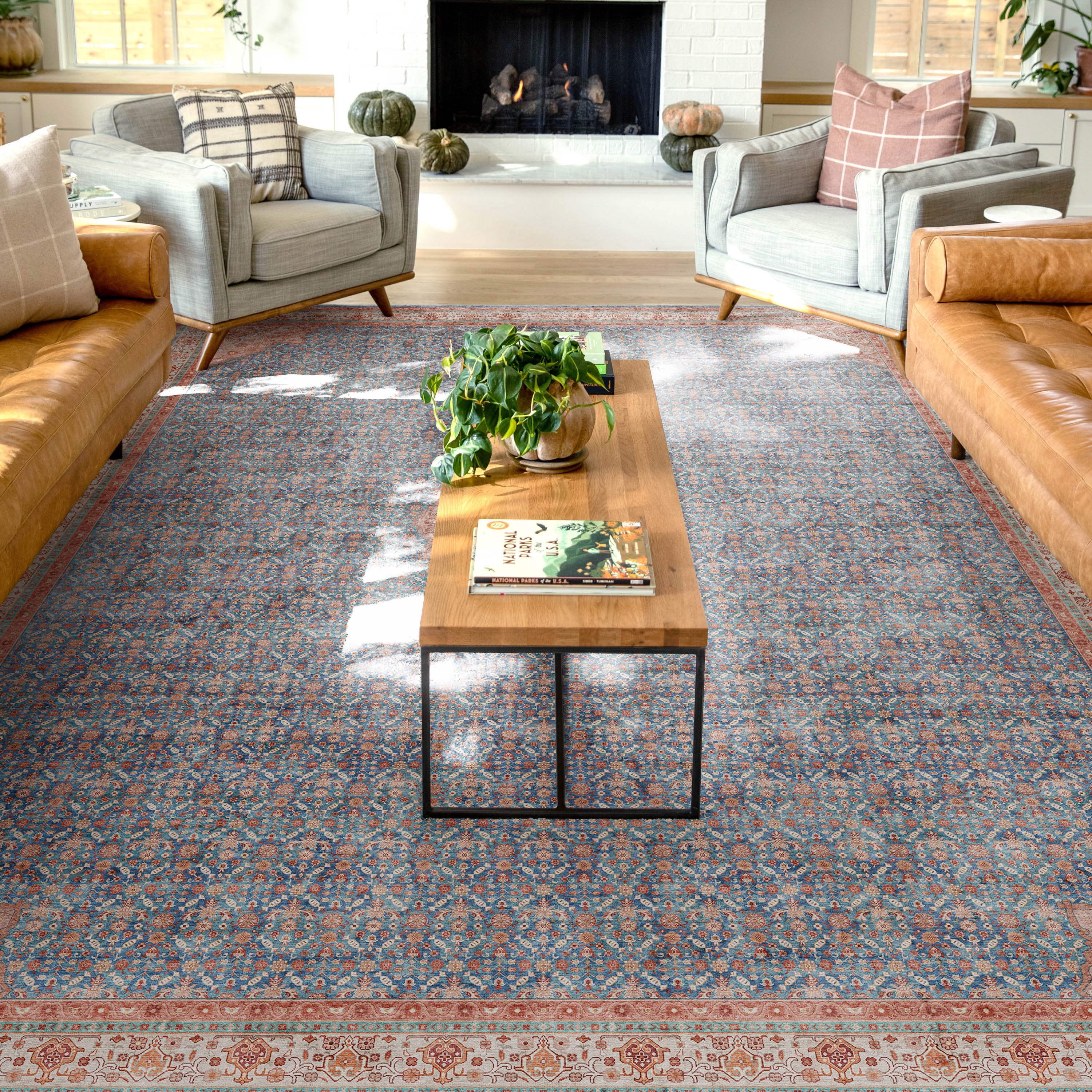 Blue Red 8' x 10' Chenille Oriental Washable Area Rug