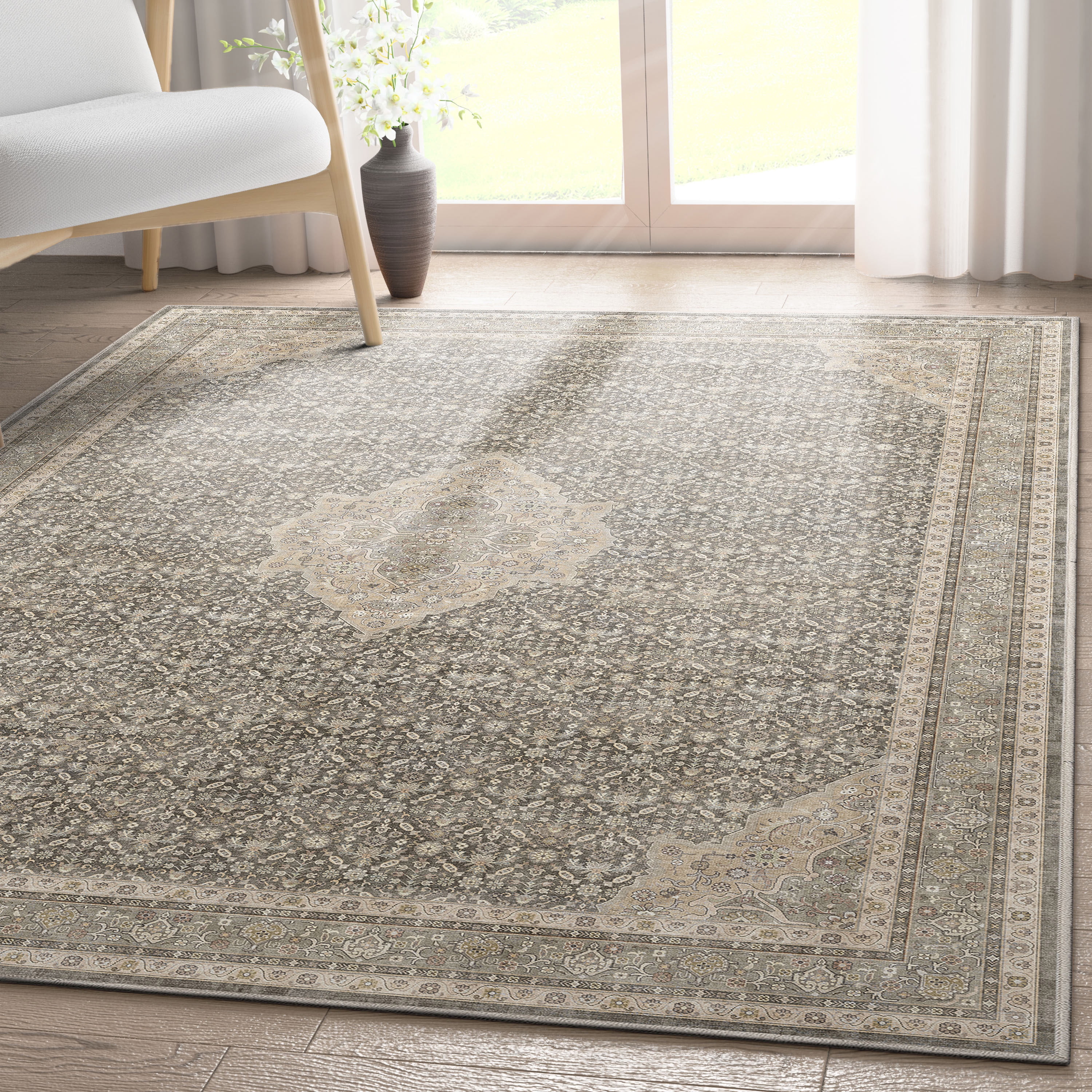 Grey Beige 5' x 7' Vintage Oriental Chenille Rug