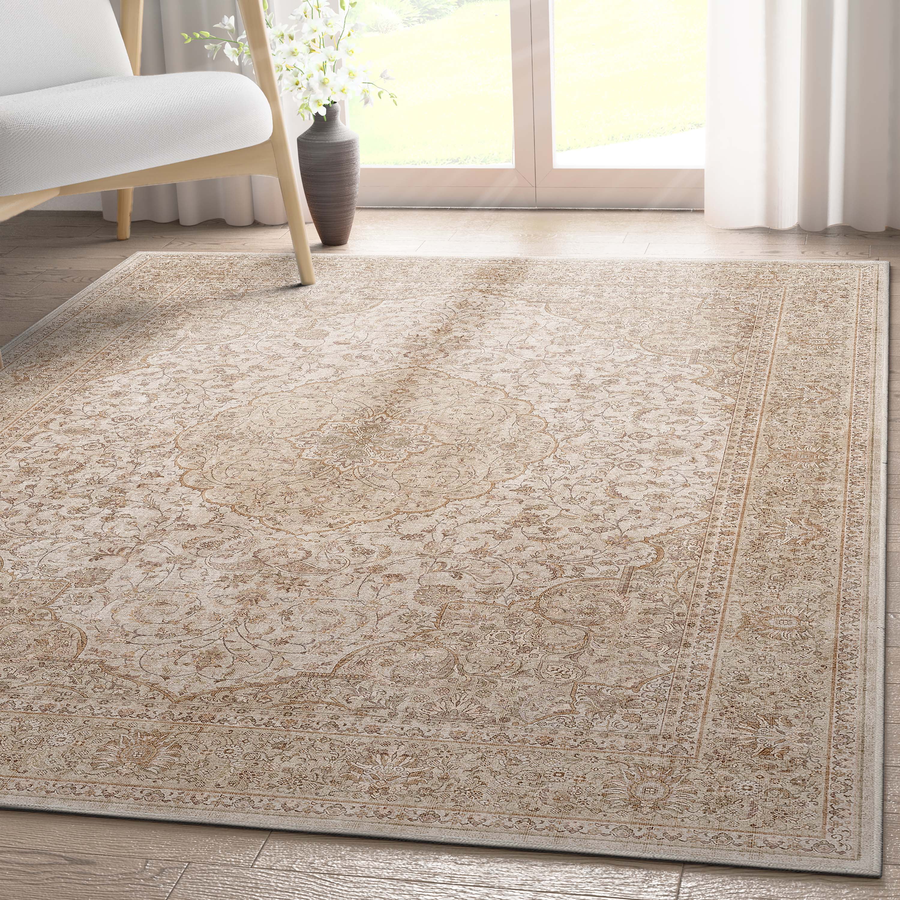 Beige and Brown Chenille Oriental Flat-Weave Area Rug, 5' x 7'