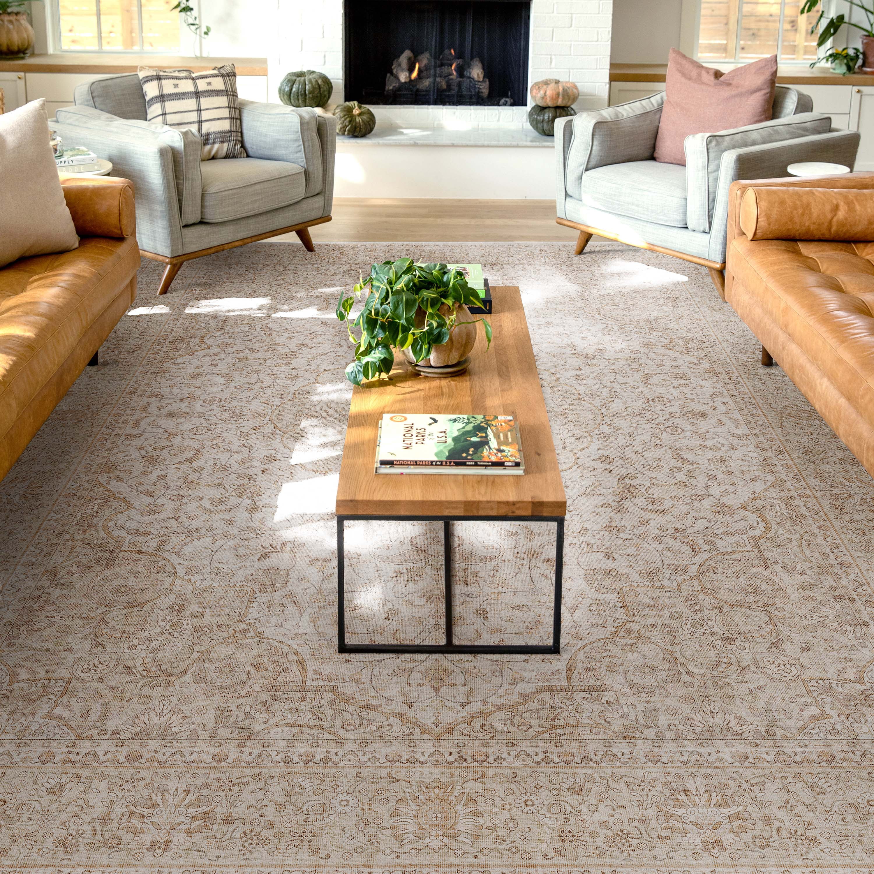 Beige Chenille Oriental Washable Reversible Area Rug 9'10" x 13'