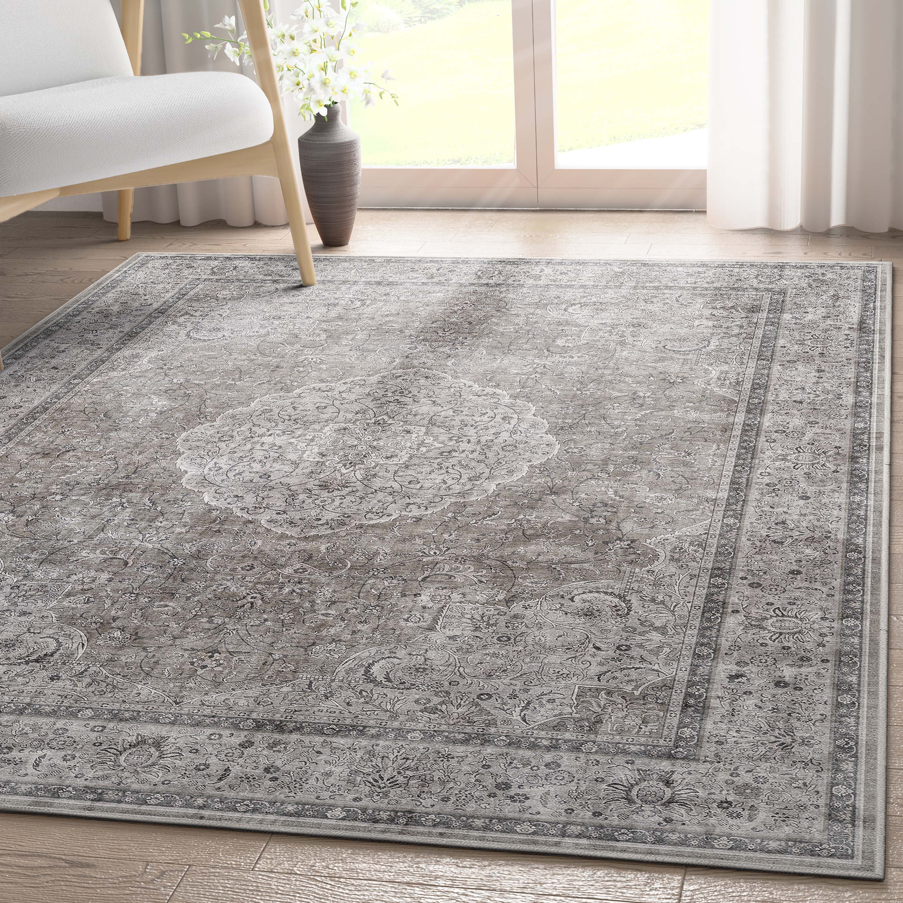 Gray Chenille Oriental 3'11" x 5'3" Reversible Area Rug with Rug Pad