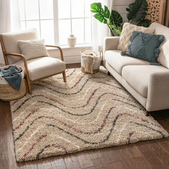 Well Woven Asilah Macie Shag Cream Abstract Wavy Stripes 5'3" x 7'3" Area Rug