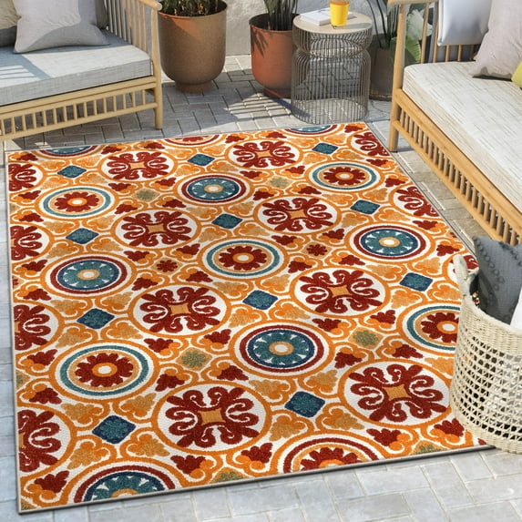 Well Woven Audun 5'3" x 7'3" Indoor/Outdoor High-Low Southwestern Red Area Rug