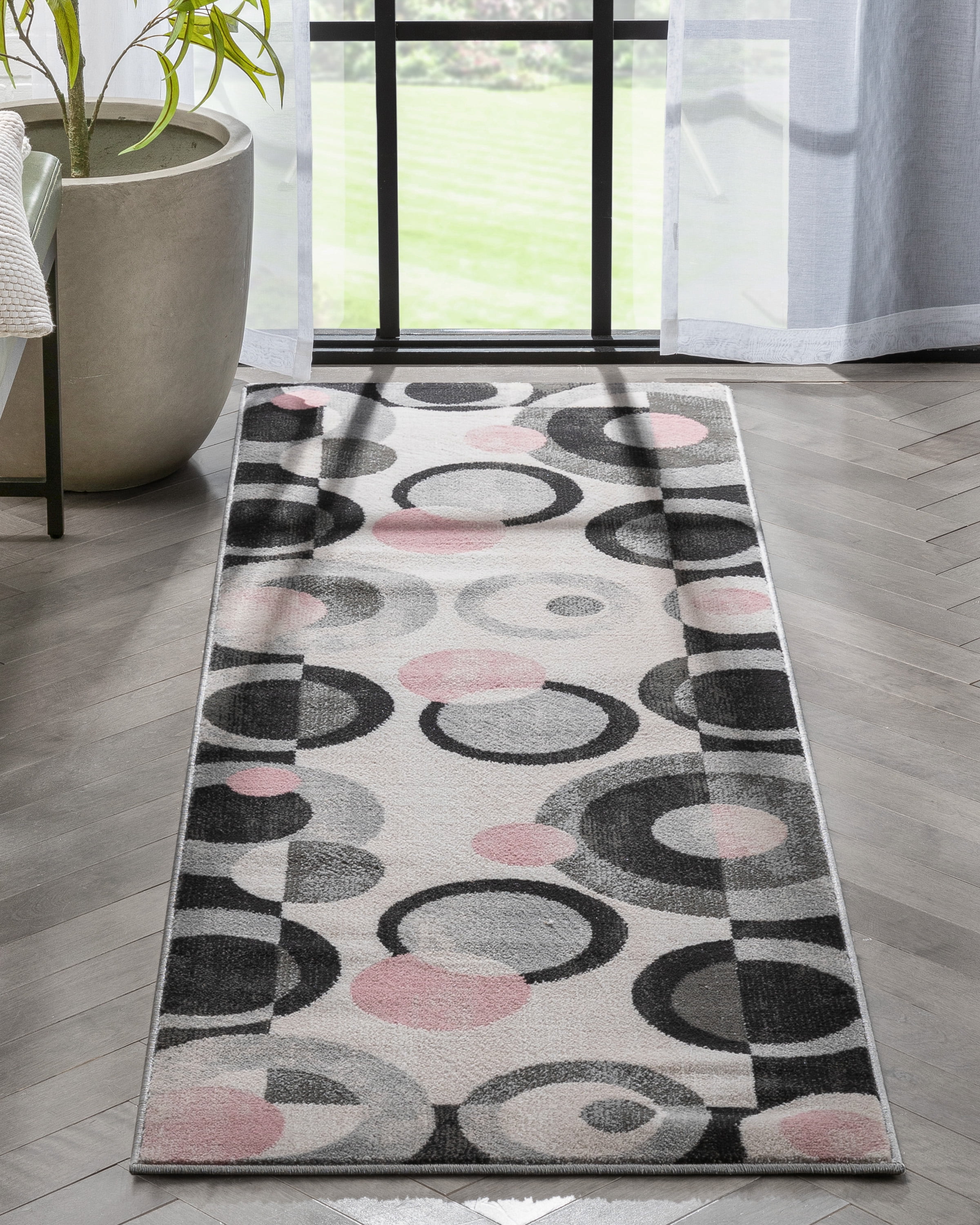 Well Woven Avri Grey & Blush Boxes & Circles Border Pattern Runner Rug ...