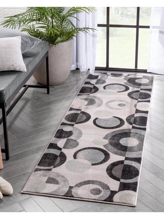 Avri Grey & Green Boxes & Circles Border Pattern Runner Rug 2x7 (2'3" x 7'3")