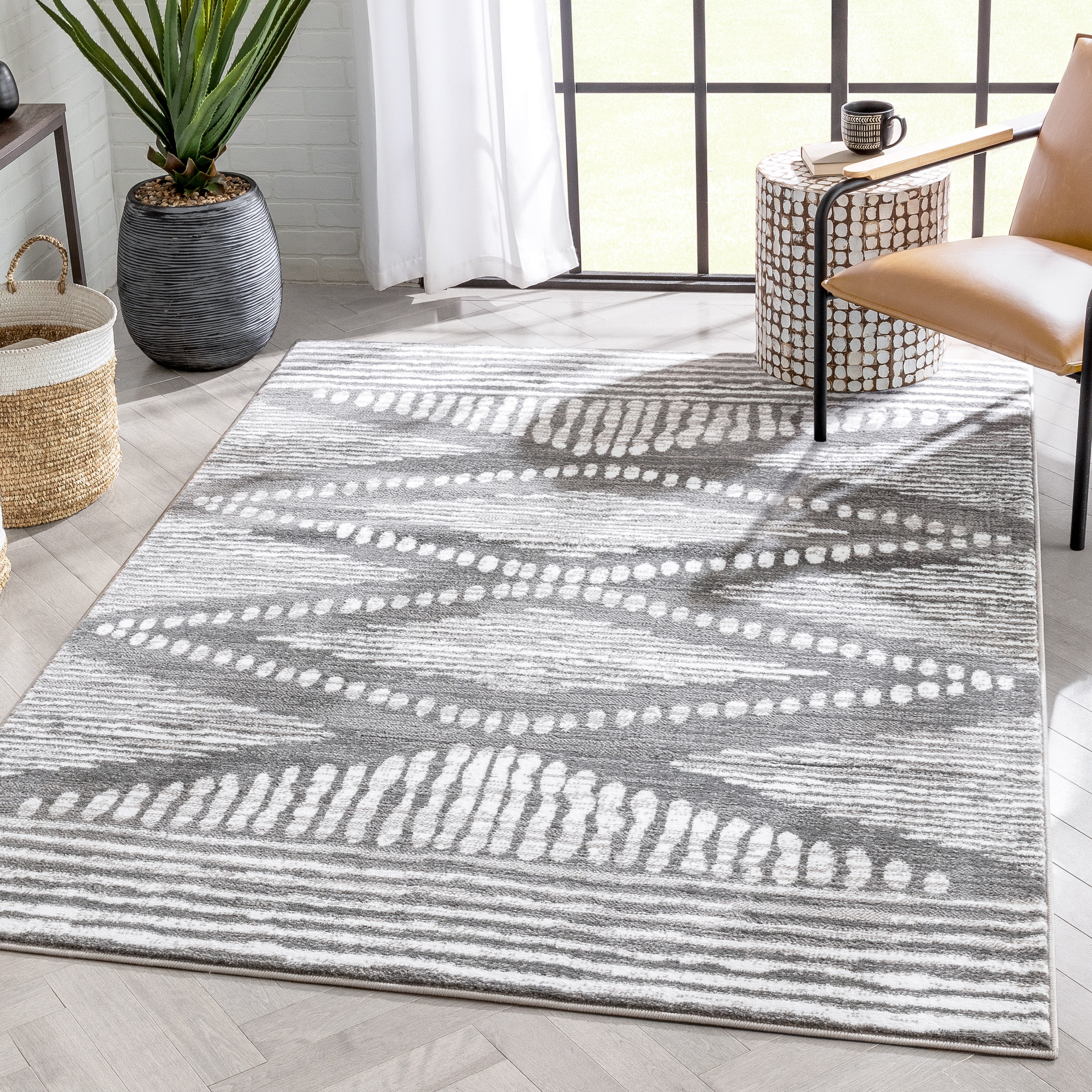 Gray and White Synthetic Diamond Pattern Rectangular Area Rug