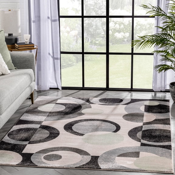 Well Woven Avri Grey & Green Boxes & Circles Border Pattern Area Rug 5x7 (5'3" x 7'3")