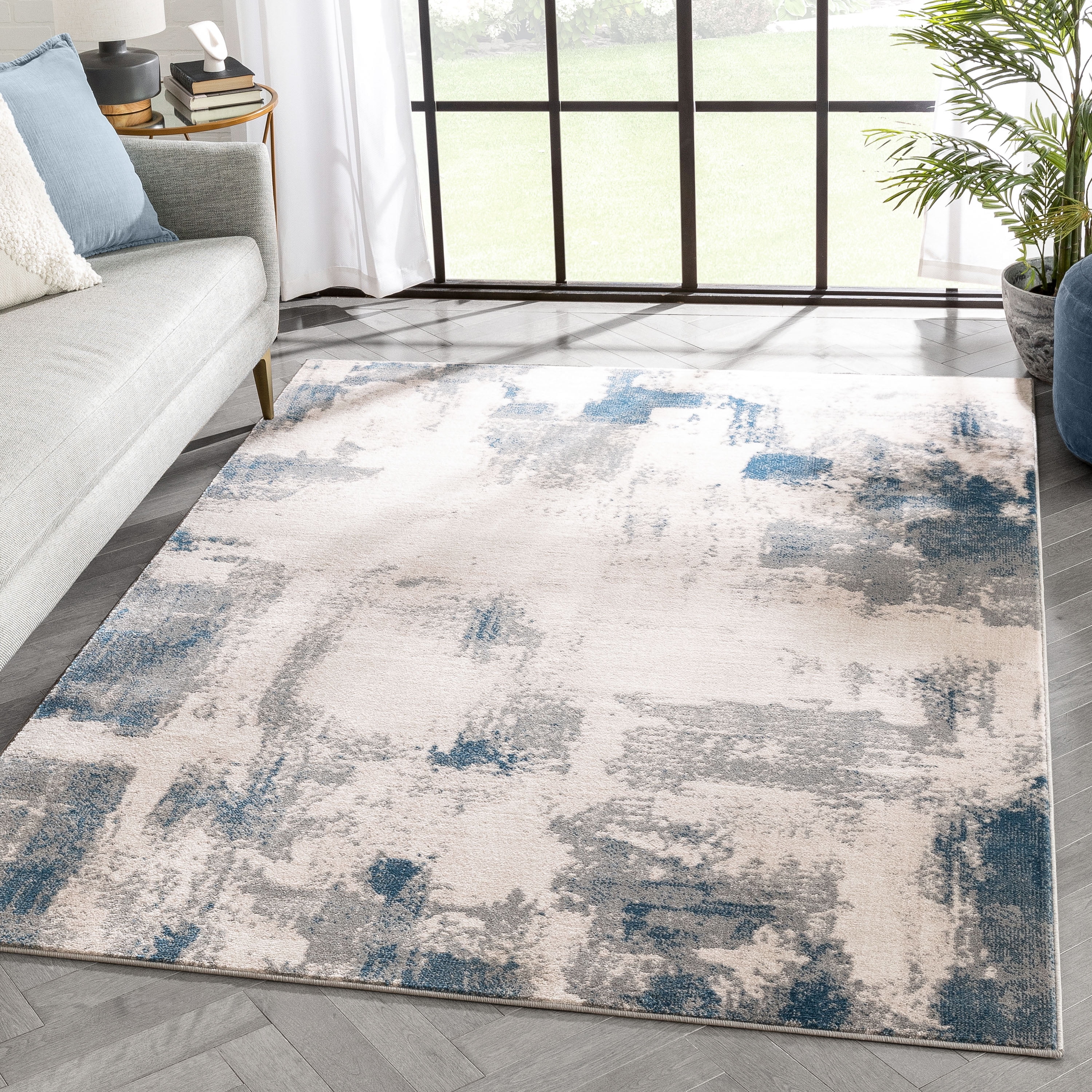 Modern Geometric Grey Blue Synthetic 8' x 10' Area Rug