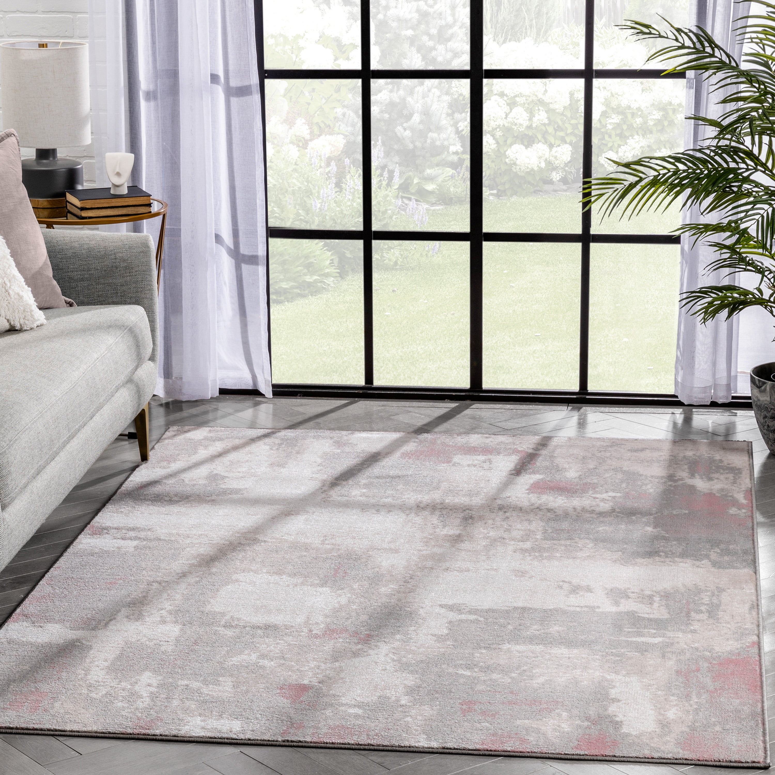 Large Gray and Blush Synthetic Rectangular Area Rug