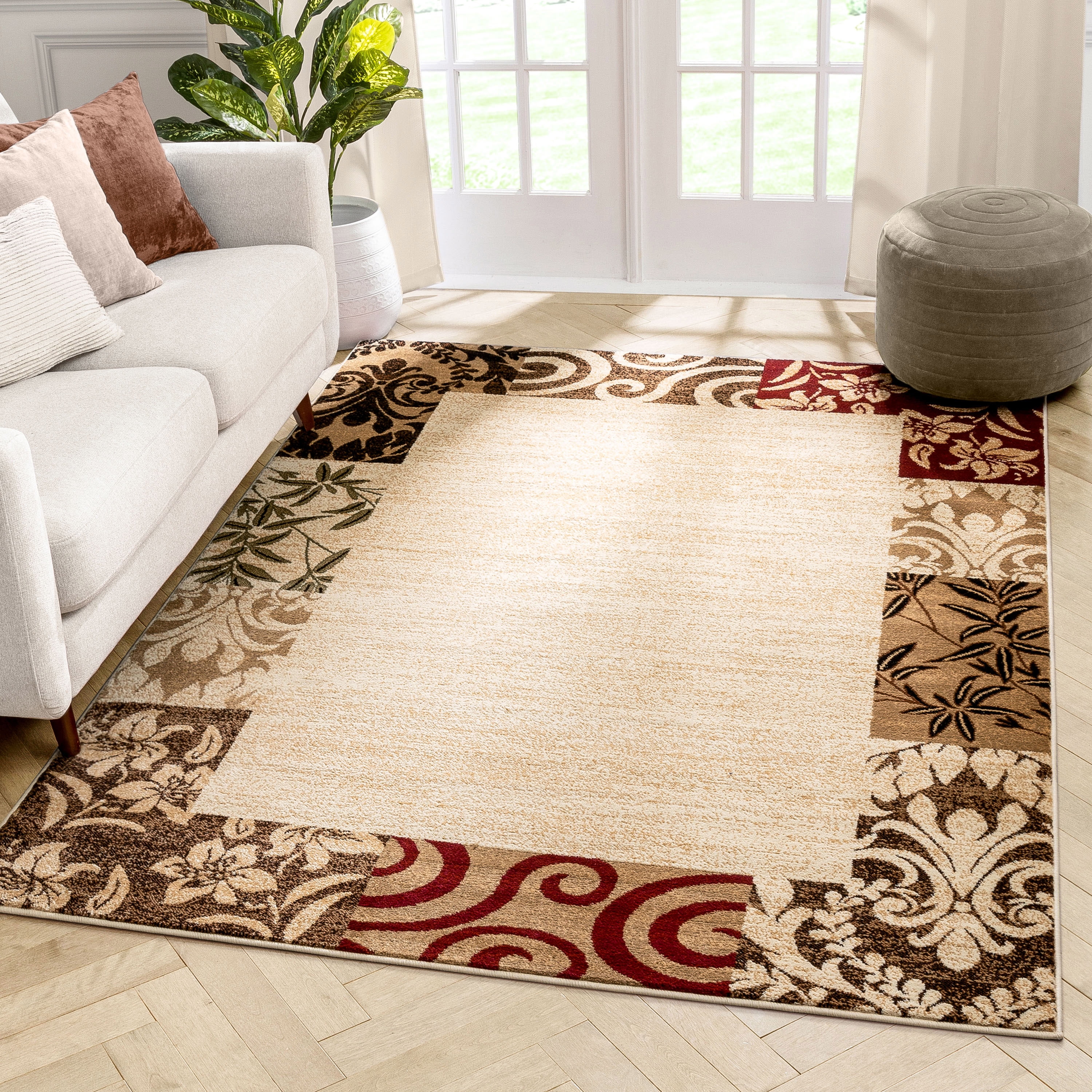 Well Woven Barclay Vane Willow Damask Modern Border Beige 6'7" x 9'6" Area Rug