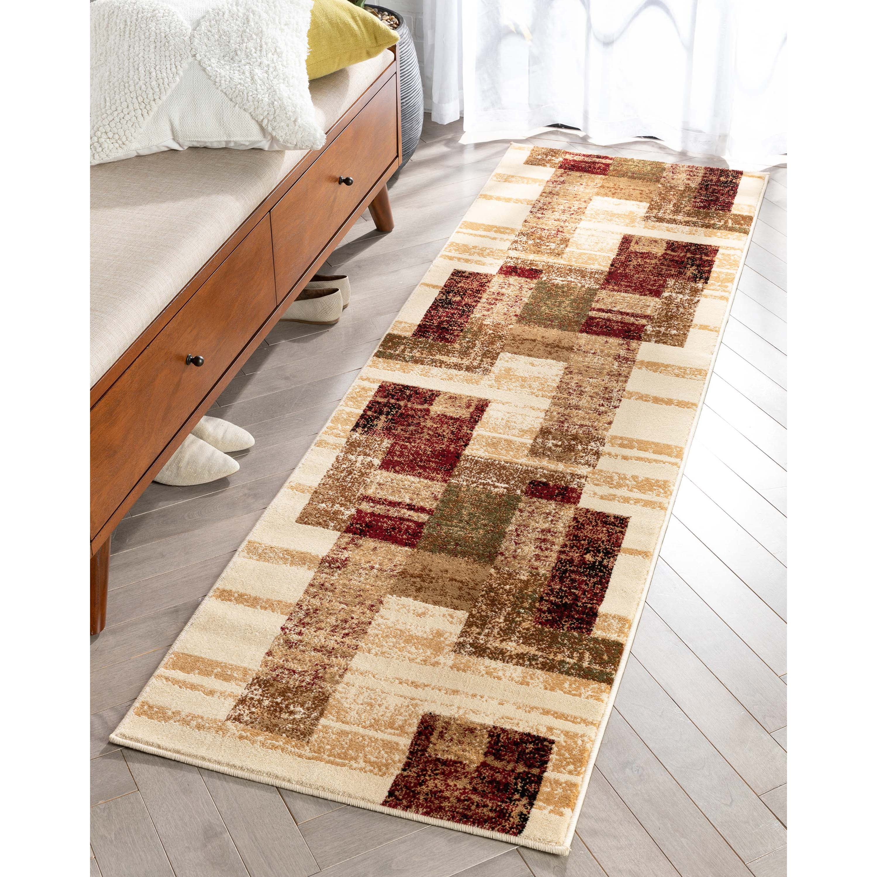 Ivory Red Geometric Synthetic Runner Rug 2'3" x 7'3"