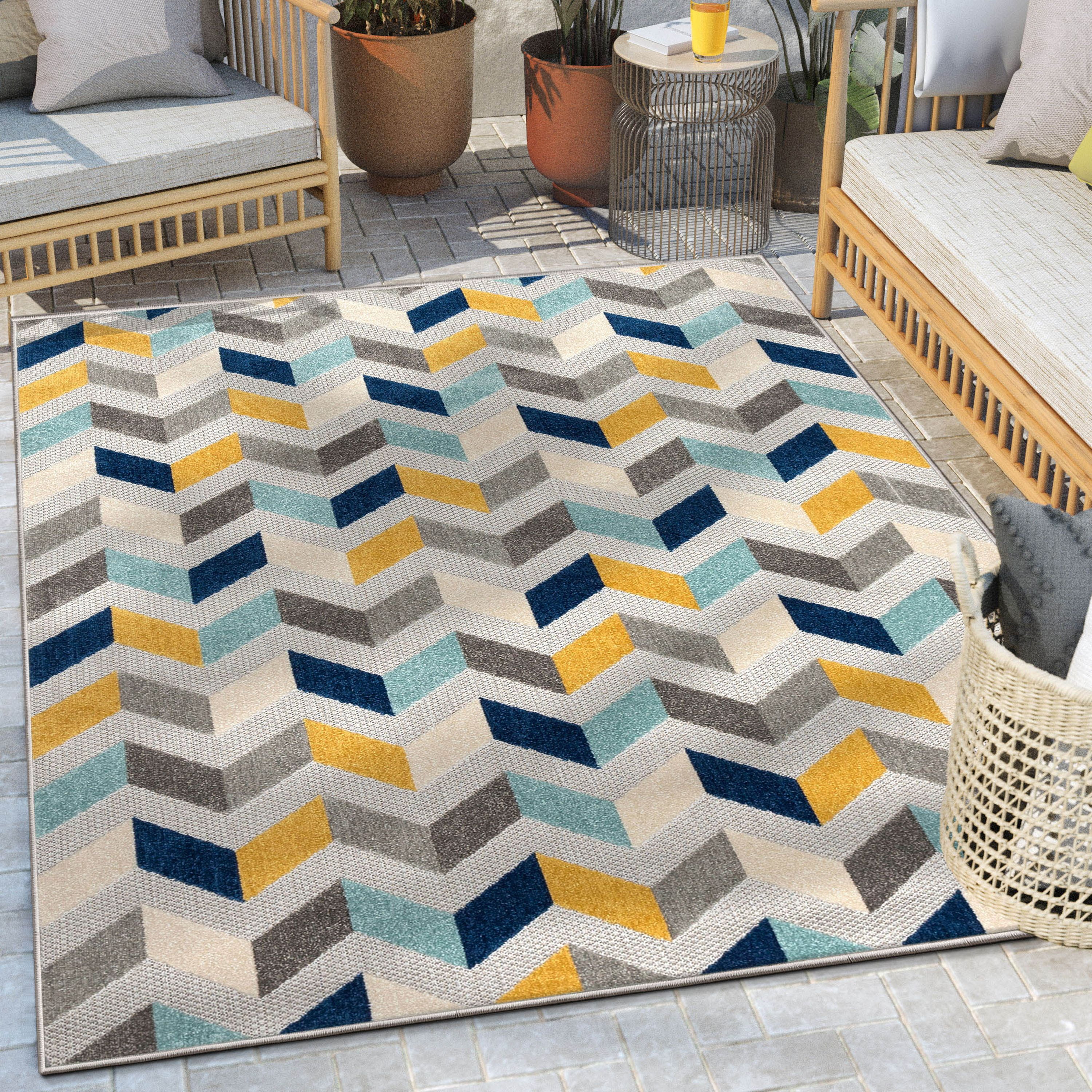 Blue and Yellow Geometric High Pile Outdoor Area Rug