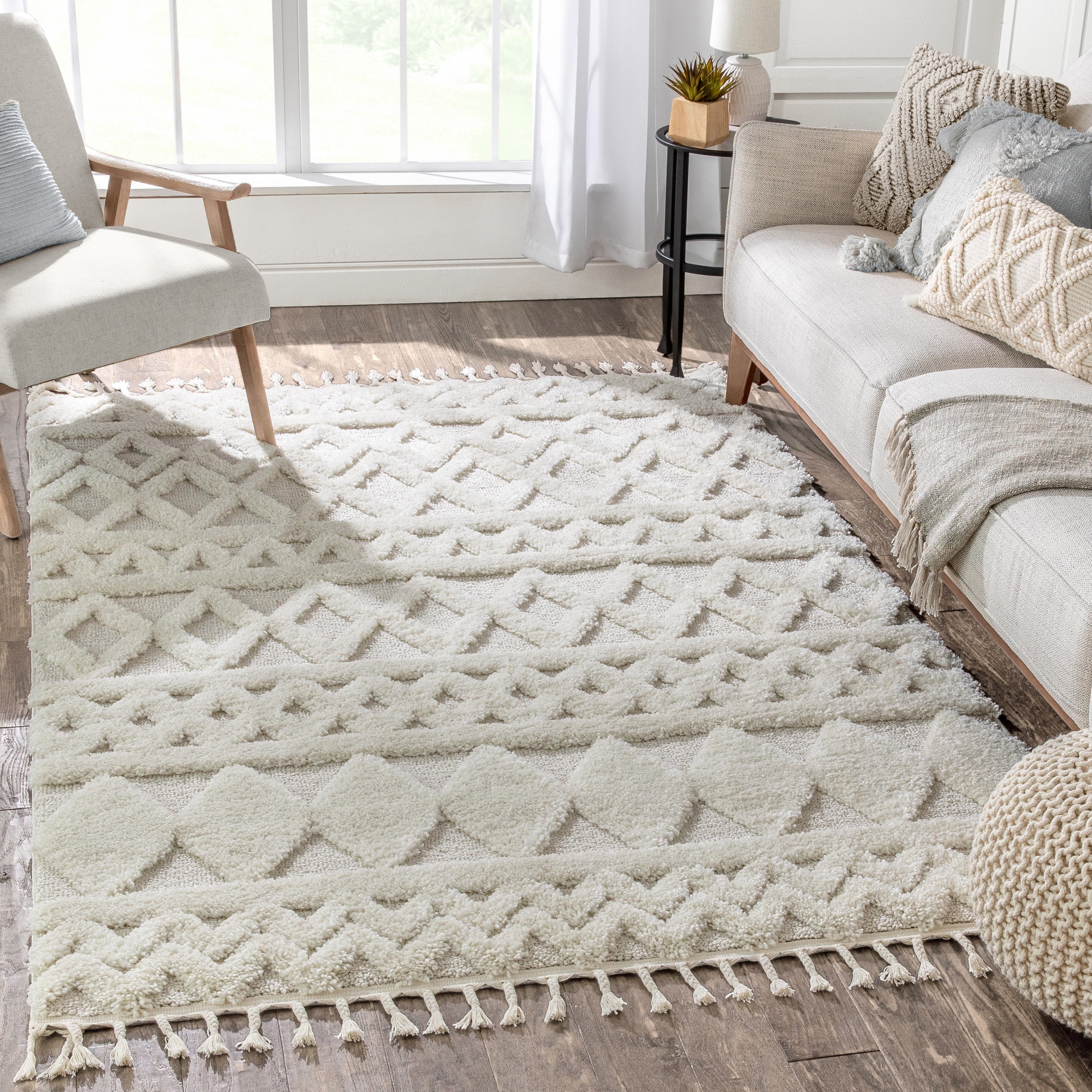 Ivory Rectangular Synthetic Oriental Area Rug 9'3" x 12'6"