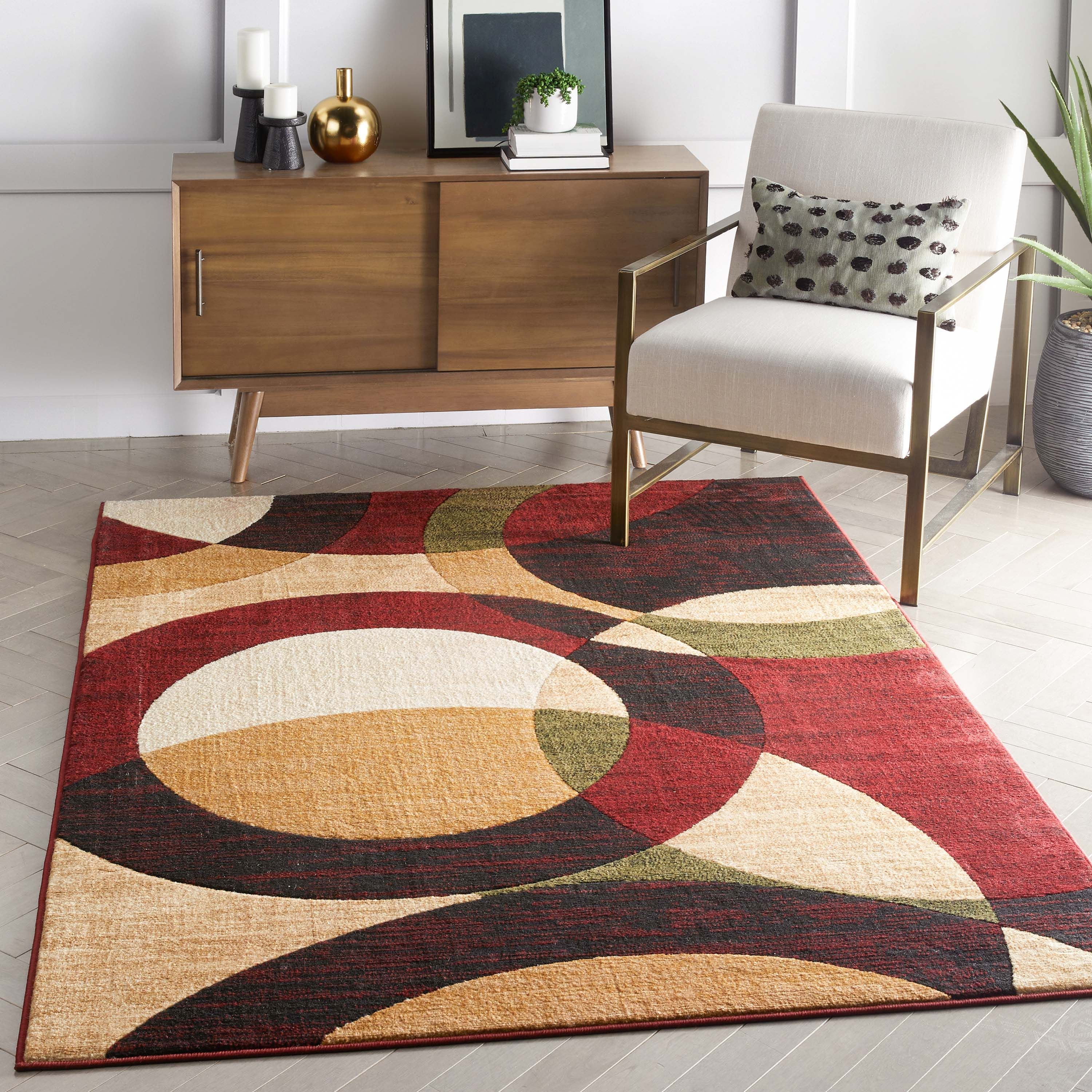 Modern Geometric Red Synthetic 5' x 7' Easy-Care Area Rug