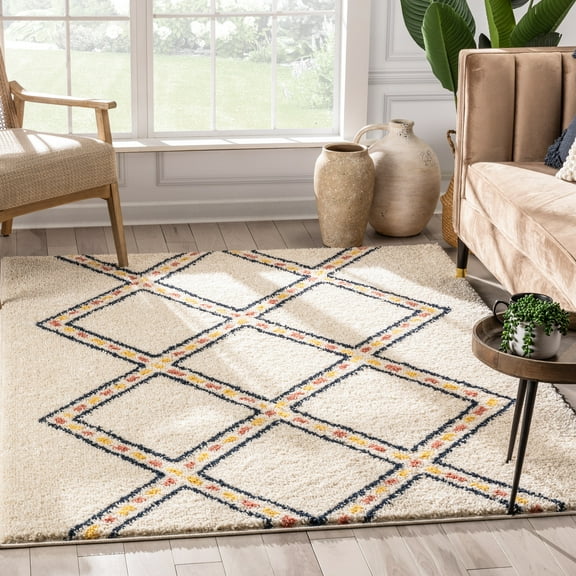 Well Woven Bolea Ivory Multi Diamond Geometric Retro Shag Area Rug 3x5 (3'11" x 5'3")
