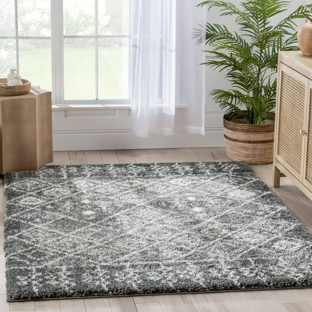 Well Woven Brega 3'11" x 5'3" Grey Geometric Diamond Thick Shag Area Rug