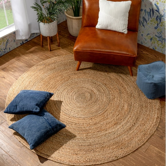 Well Woven Brielle Larissa Farmhouse Solid Pattern Natural Color Hand-Braided Basket Weave Jute 4' Round Area Rug
