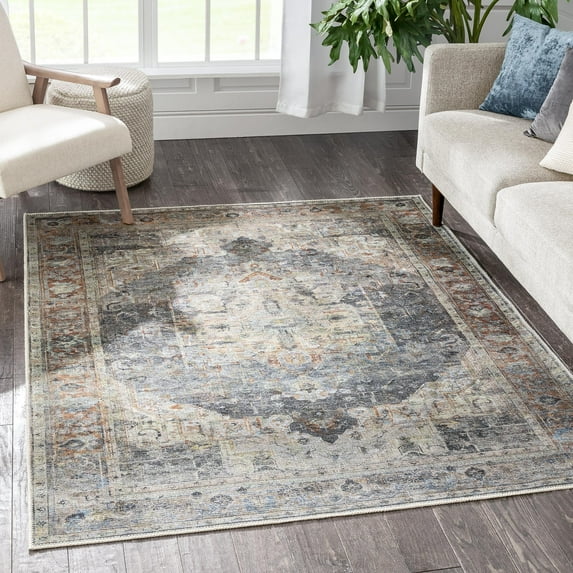Well Woven Brinta Grey Ivory Machine Washable Vintage Style Updated Classic Distressed Persian Area Rug 8x10 (7'10" x 9'10")