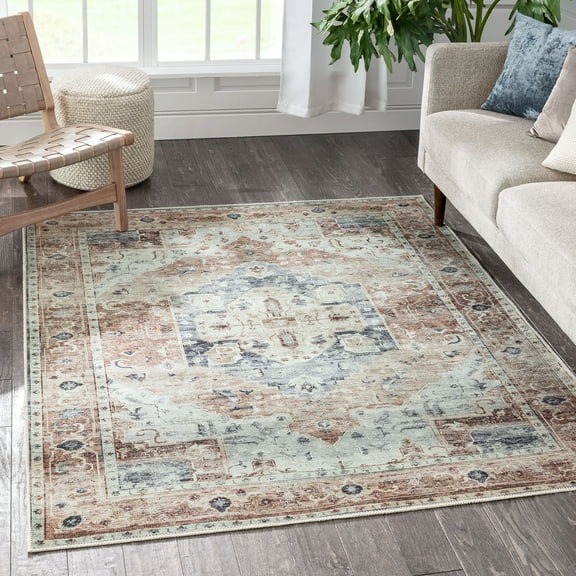 Well Woven Brinta Ivory Rust Machine Washable Vintage Style Updated Classic Distressed Persian Area Rug 5x7 (5'3" x 7'3")