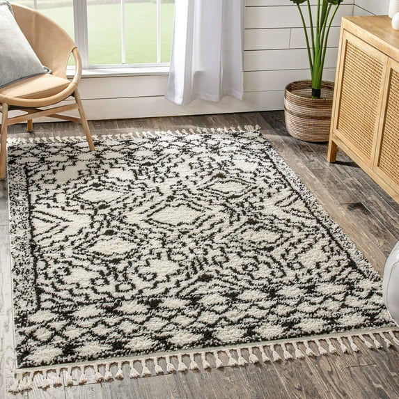Well Woven Cabana Mirela Ethnic Moroccan White 7'10" x 9'10" Shag Area Rug