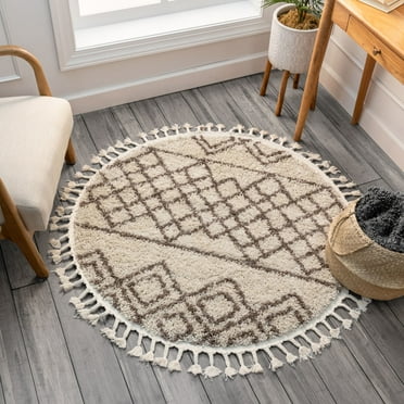 Well Woven Cabana Round Modern Tribal Shag Moroccan Trellis Area Rug, Beige