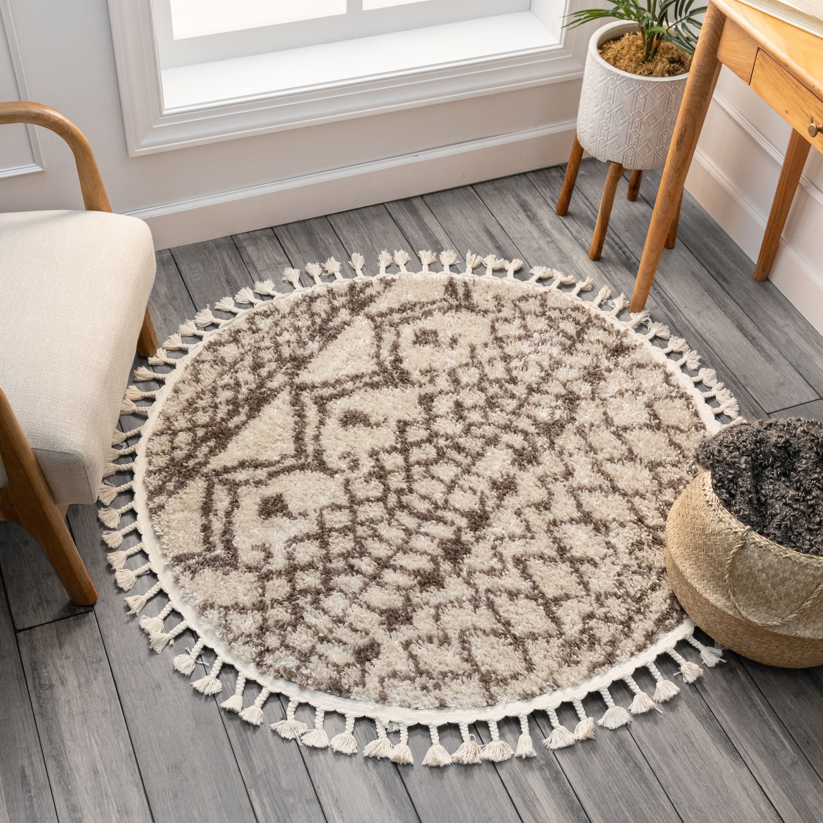 Well Woven Cabana Round Modern Tribal Shag Moroccan Trellis Area Rug, Gray