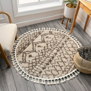 Well Woven Cabana Round Modern Tribal Shag Moroccan Trellis Area Rug, Gray