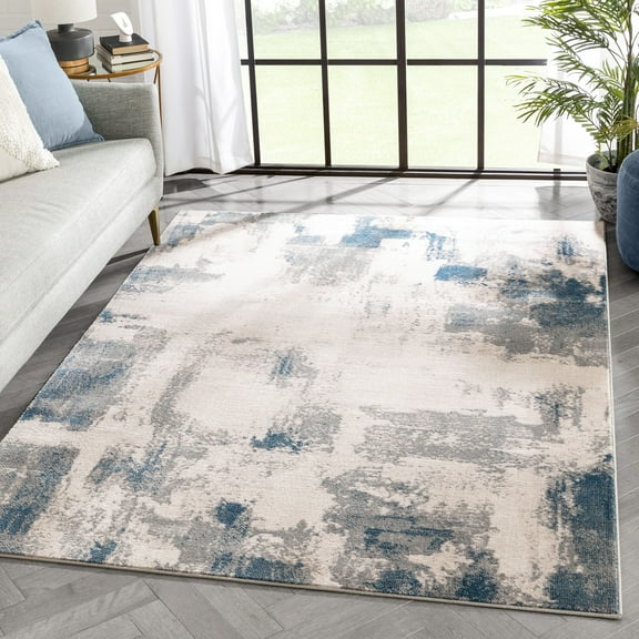 Well Woven Caila Grey & Blue Brush Stroke Abstract Geometric Area Rug 5x7 (5'3" x 7'3")