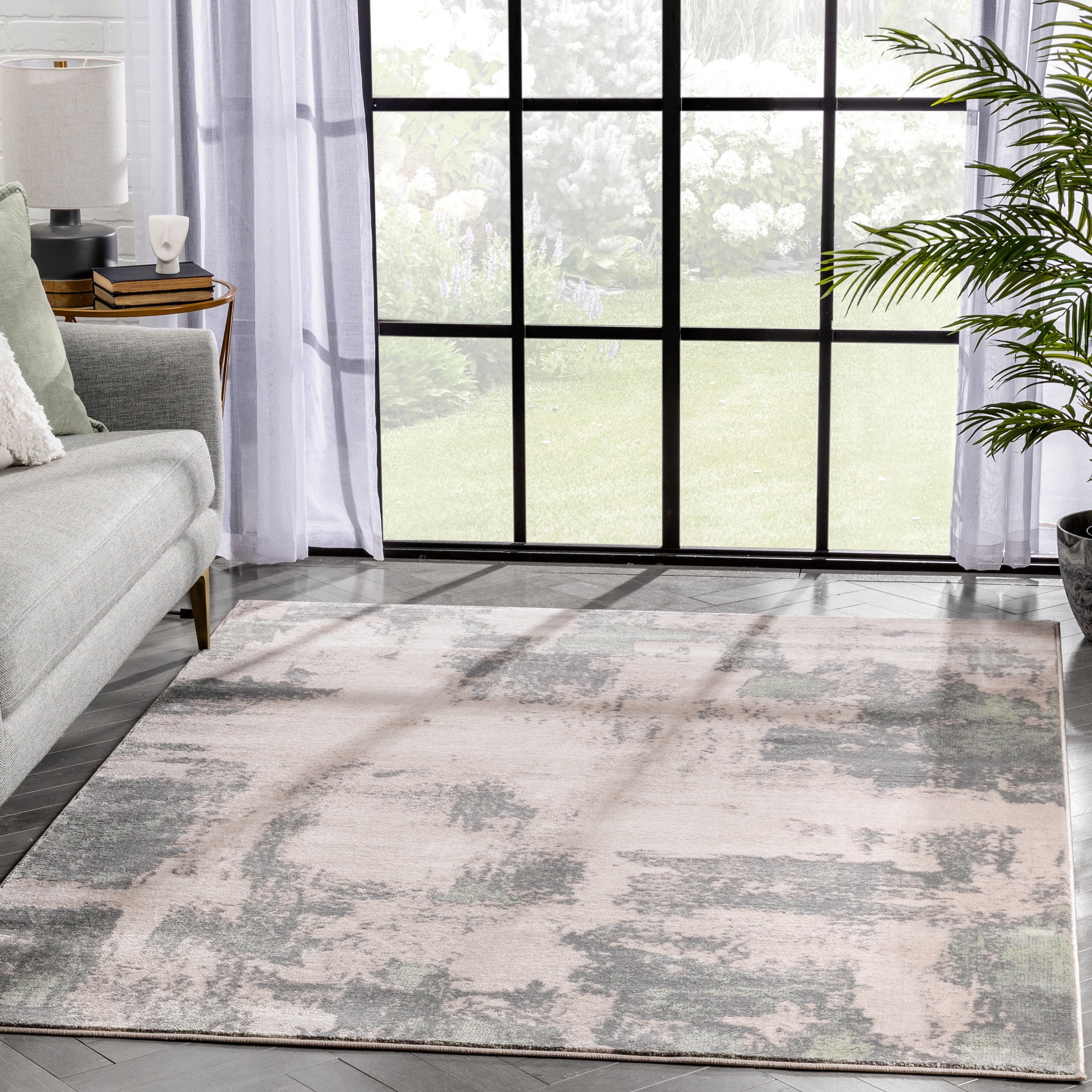 Well Woven Caila Grey & Green Brush Stroke Abstract Geometric Area Rug 5x7 (5'3" x 7'3")