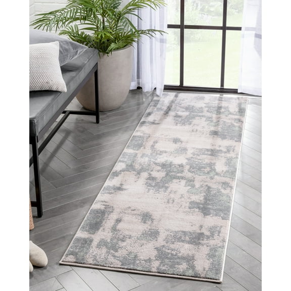 Well Woven Caila Grey & Green Brush Stroke Abstract Geometric Runner Rug 2x7 (2'3" x 7'3")