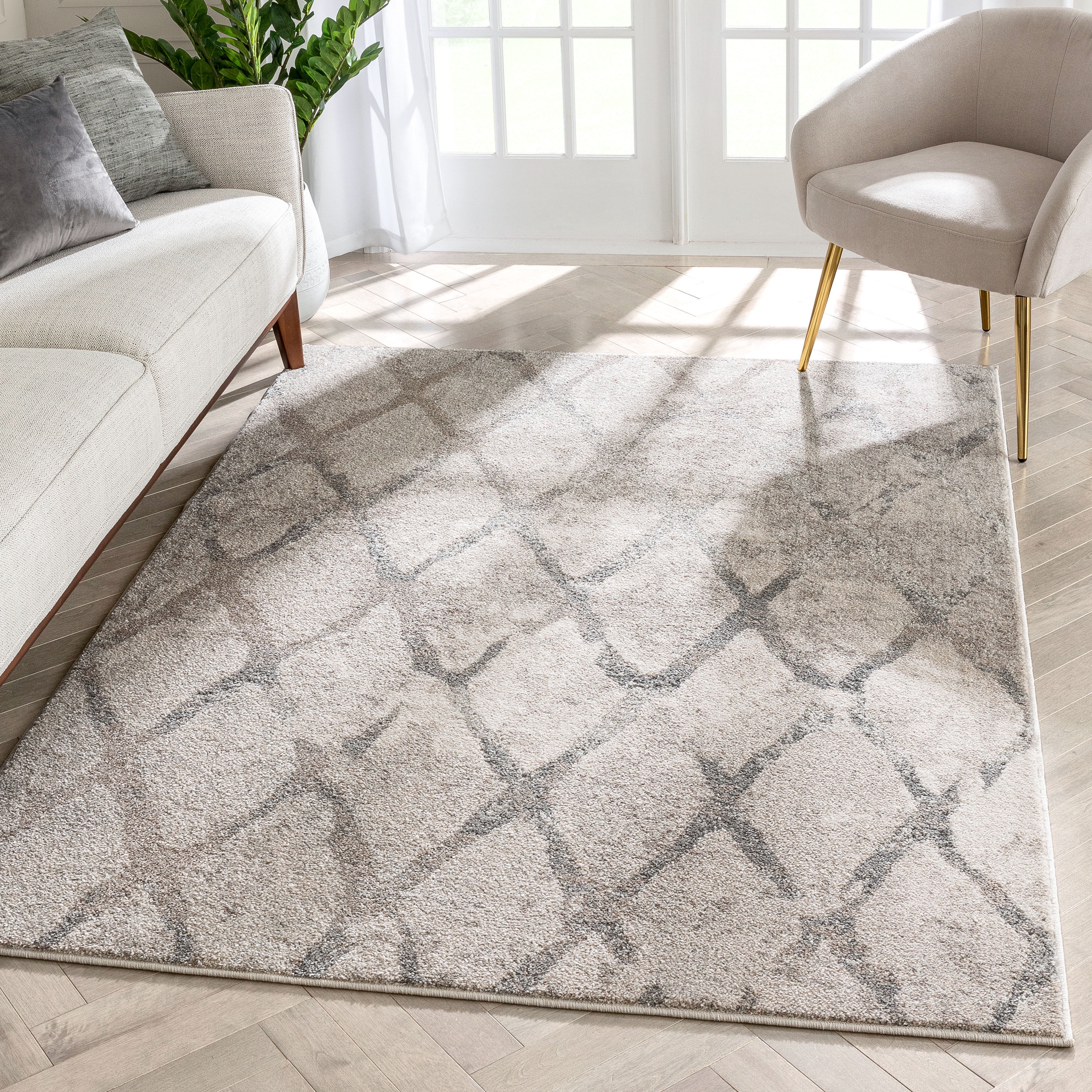 Lisbon Ivory Geometric Easy Care Synthetic Area Rug