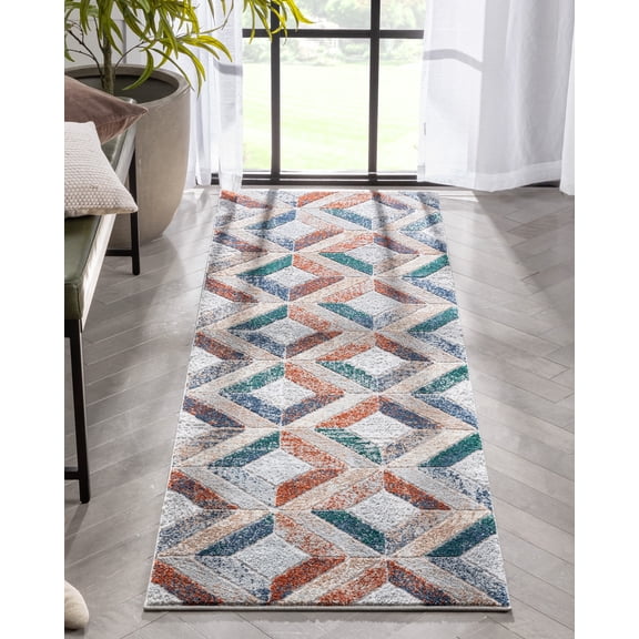 Well Woven Chidi Multi Blue & Red Diamond Boxes Geometric High-Low Runner Rug 2x7 (2'3" x 7'3")