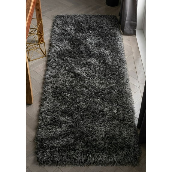 Well Woven Chie Black Silver Kuki Collection Ultra Shag Runner Rug (2'7" x 7'3")