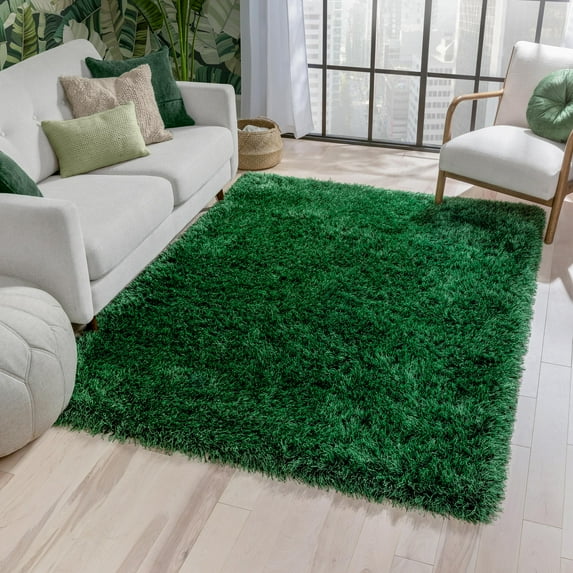 Well Woven Chie Green Black Kuki Collection Ultra Shag Rug 5x7 (5'3" x 7'3")