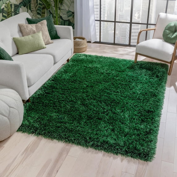 Well Woven Chie Green & Black Kuki Collection Ultra Soft Shag Area Rug 3'11" x 5'3"
